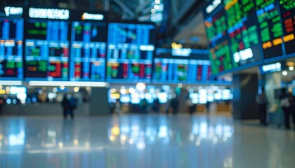 Fototapeta premium Blurred Abstract Financial Stock Market Data Screens in Modern Hall
