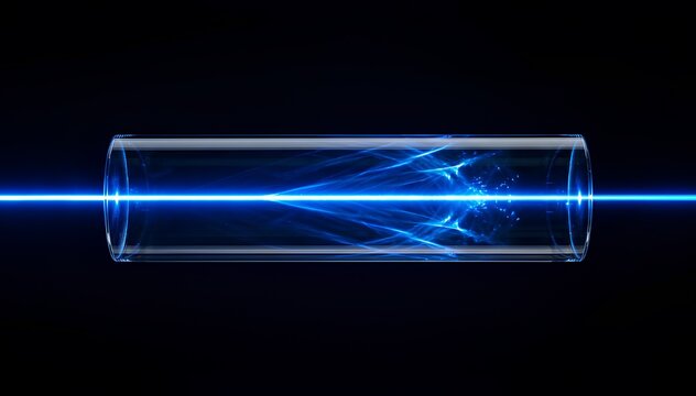 Vibrant neon blue laser beam inside transparent glass cylinder misso optics v67