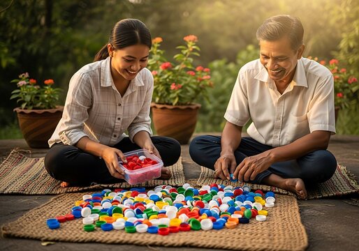 People enjoying puzzle game outdoors with colorful pieces in natural light