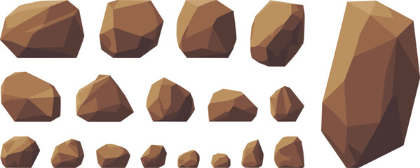 Low Poly Stone and Brown Rock Vector Element Set with Geometric Crystals Boulders and Minerals for Video Game Environment Asset Designs © Abul
