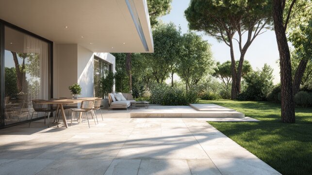 Relaxation area next to a house features large porcelain tiles and pine trees casting shadows