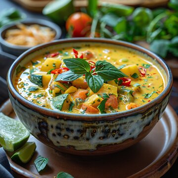 Thai vegetable curry vegan coconut milk herb colorful ingredients healthy Thai cuisine minimal plating high detail food photography