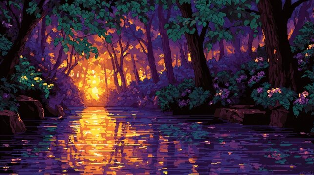 Glowing sunlight illuminates a dense forest river scene rendered in a distinct pixel art style.