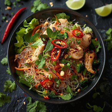 Thai yum woon sen glass noodle chicken salad herbs chili lime dressing fresh colors minimal background high detail food photography