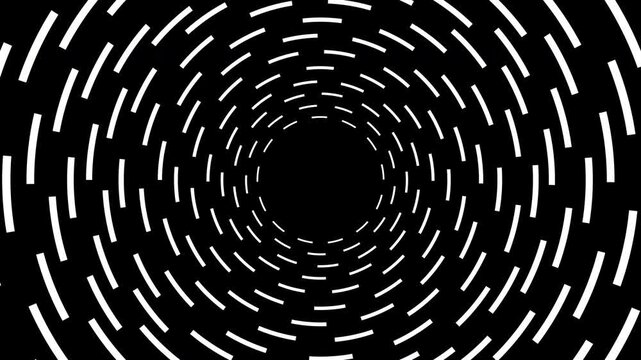 Hypnotic abstract tunnel animation featuring rotating white radial circular patterns on black background. Ideal for futuristic visuals, music videos, VJ loops, motion graphics, and technology themes.
