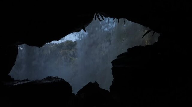 Beautiful view of Thoseghar Waterfall from inside a cave, Satara, Maharashtra, India.