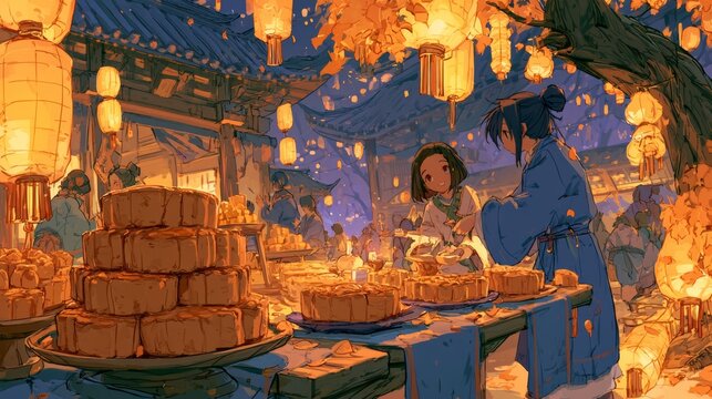 A woman in a night market setting surrounded by lanterns