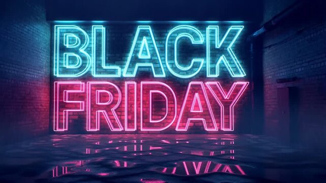 Black Friday neon sign glowing in a dark, wet alley with water reflections