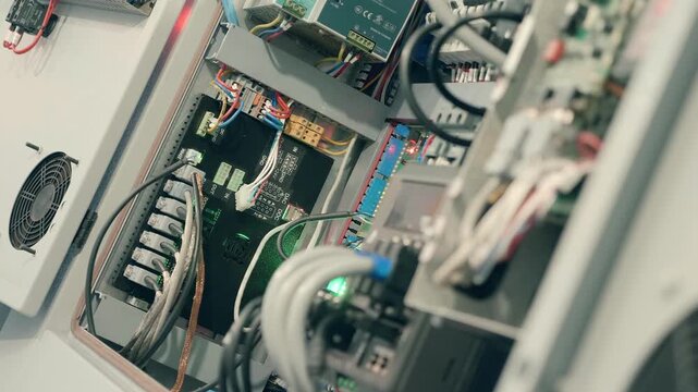 Electrical equipment and electronic units with flashing LED lights in the electrical panel. Closeup. Shallow depth of field. Follow focus