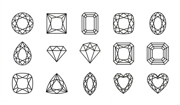 Diamond shapes and gemstone cuts line art icon set vector