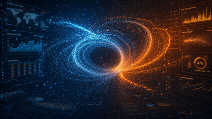 Obraz premium Abstract cosmic energy swirling with data overlays, digital art visualization