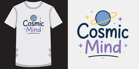 Cosmic mind planet illustration with blue ringed saturn and magical stars for shirt print. © md