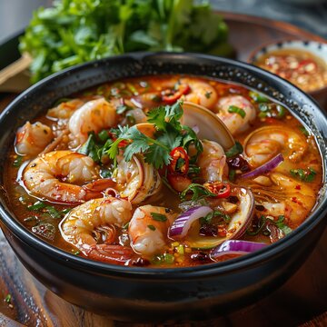 Thai spicy seafood soup mixed shellfish herb chili broth vibrant colors authentic Thai cuisine dramatic lighting high detail shot