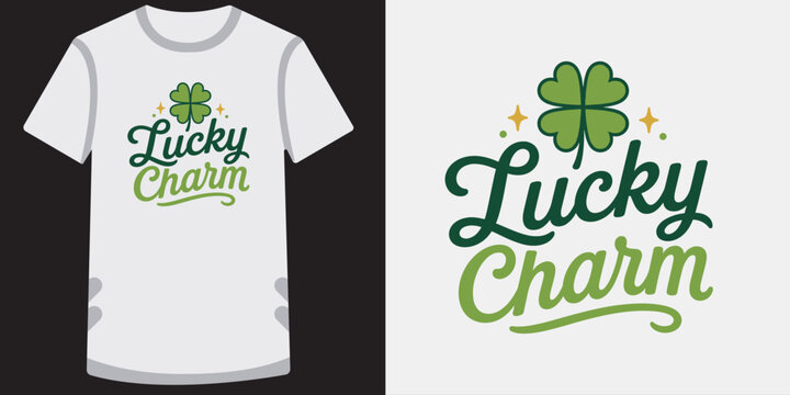 Lucky charm typography design with four leaf clover and sparkle stars for st patricks day.
