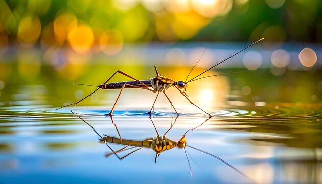 Water strider insect on pond surface.