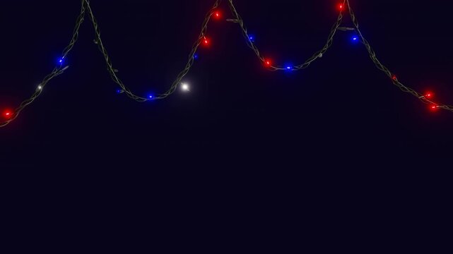 Horizontal 3D Independence Day 4th July LED lights string garland red white blue loop animation patriotic USA America background holiday freedom celebration glowing night festive banner greeting card