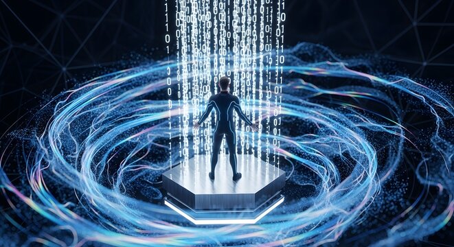 Futuristic Digital Portal with Human Figure and Binary Code Stream.