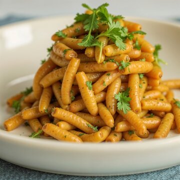 The image appears to be of a pasta dish, most likely using busiate pasta or possibly a potato-based pasta such as tteokbokk