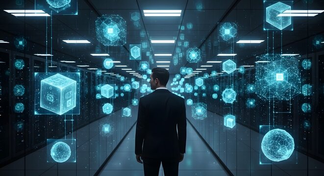 Man in Suit Standing in Futuristic Data Center Surrounded by Digital Cubes.