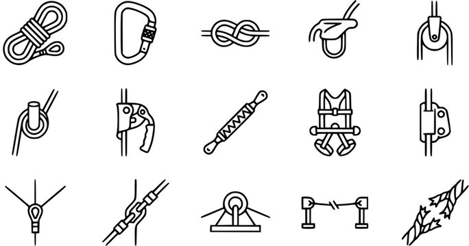 Black and White Line Art Icons of Rock Climbing and Mountaineering Gear - Rope, Carabiner, Harness, Pulley, Ascender, Anchor