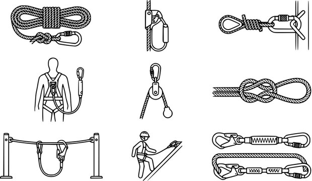 Climbing and Safety Gear: Harness, Rope Knots, Carabiners, Pulley, Wire Rope Clip - Line Art