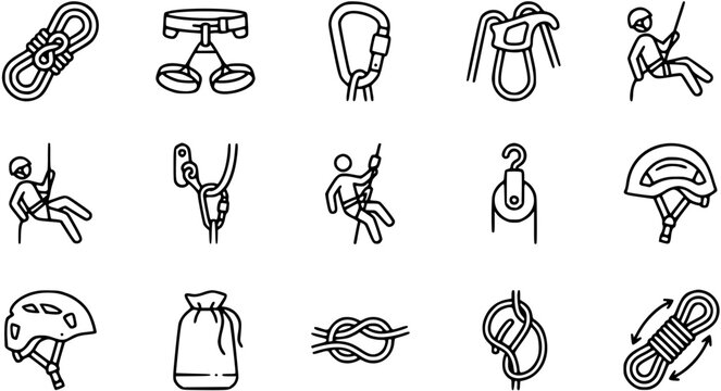 Climbing Gear Icons: Rope, Harness, Carabiner, Helmet, Pulley, Knots, Line Art