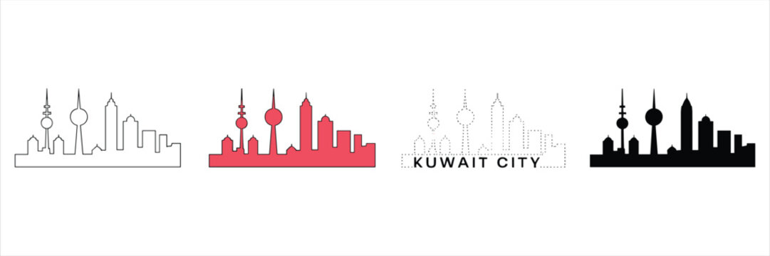 Kuwait city skyline silhouettes in four styles, outline and solid