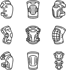 Sports Protective Gear Line Art Icons Collection. Black and White Outline Glyphs of Safety Pads, Guards, and Helmets for Athletics and Extreme Sports. © pixraw