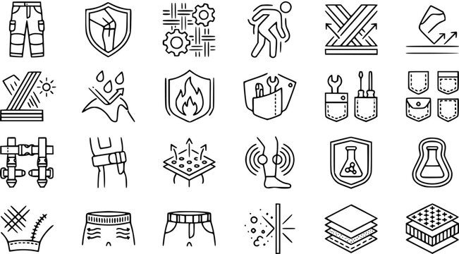 Workwear  Safety Apparel Line Art Icons. Technical Clothing Features, Protective Garment Properties, Industrial Uniform Outline Symbols Collection.