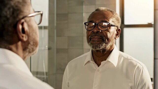 Man stands face to face with another man, exchanging focused expressions. Room features large windows allowing bright light. Concept of communication, relationships, conflict resolution