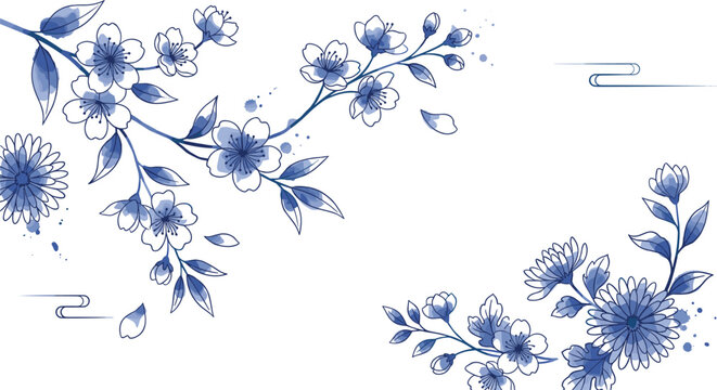 Elegant Blue Floral Corner Border Design with Cherry Blossom Branches, Botanical Elements, and Decorative Asian Style Vector Illustration