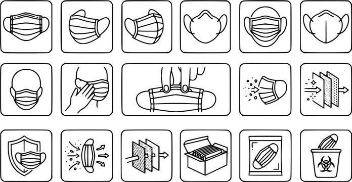 Medical Face Masks Line Art Icon Set. Healthcare, Public Health  Safety Outline Symbols for Coronavirus Protection, Prevention, Usage  Disposal