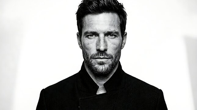 Serious bearded ugly man in black and white portrait