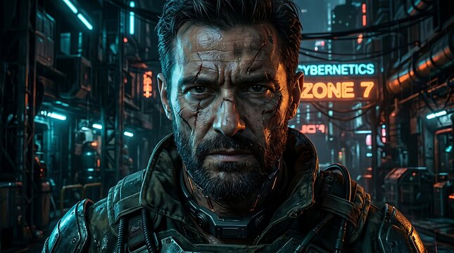 Grit and scars of an ugly man in a futuristic cyberpunk city