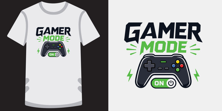 Gamer mode on typography t-shirt design with modern game controller and lightning bolts.