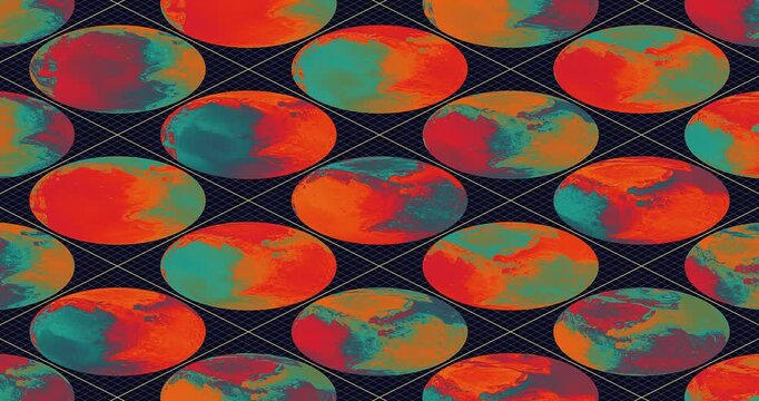 Abstract planet earth pattern animation on dark isometric grid, colorful seamless loop of retro neon globe continents, vaporwave and cyber punk style motion graphic background