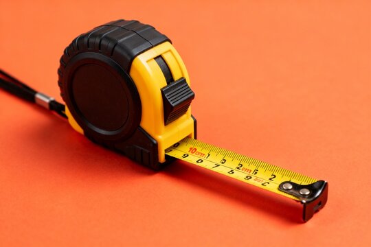 Yellow and black tape measure on orange background