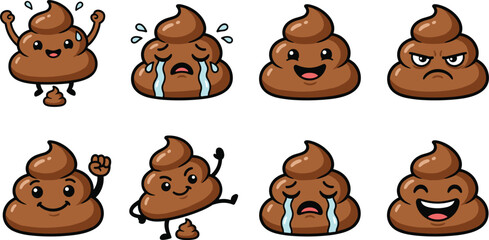 Obraz premium Cute Kawaii Poop Emoji Character Set Vector Illustration with Happy Crying Angry and Funny Cartoon Facial Expression Mascots Collection