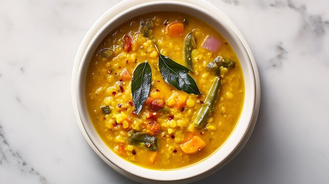 Traditional Spiced Dal Soup in Bowl closeup / 伝統的なスパイス香るダルスープのクローズアップ