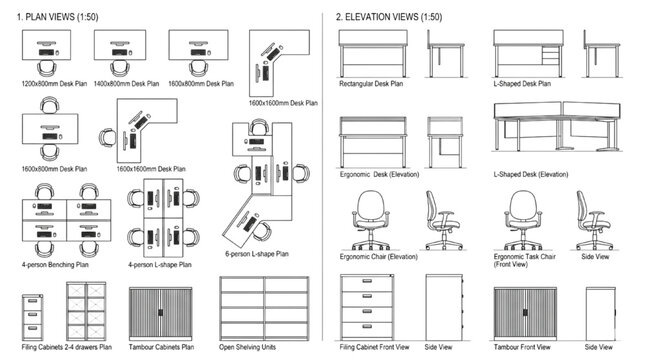 Detailed CAD schematics for office furniture layouts and ergonomic design, illustrating various plan and elevation views for modern workspace planning with precision