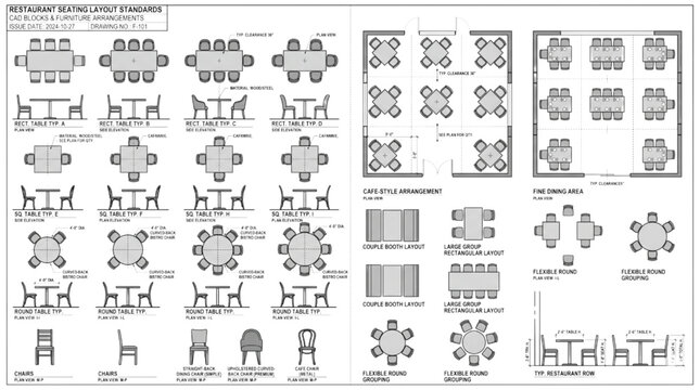 Standardized CAD library of restaurant table and seating arrangements, ideal for architectural planning, interior design, and efficient hospitality space optimization