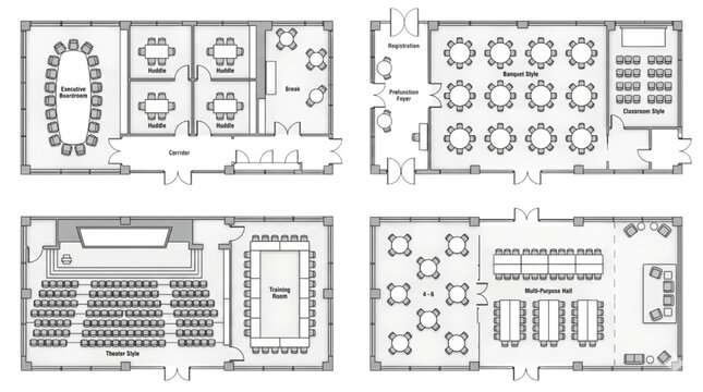 Professional CAD Designs of Four Distinct Office and Meeting Room Layouts for Business Use