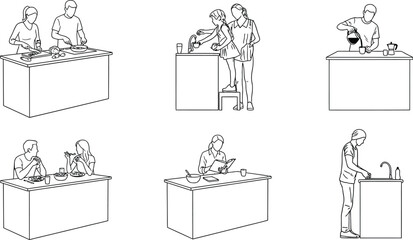 Fototapeta premium Minimalist Kitchen Life Activity Vector Icon Set of People Cooking and Eating
