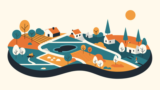 Colorful isometric landscape illustration featuring small white houses with orange roofs nestled among trees a pond and farm fields.