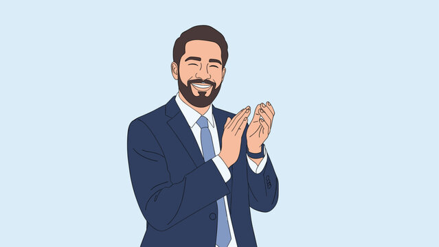 Successful businessman in a blue suit and glasses smiling brightly and clapping his hands in a gesture of applause and approval.