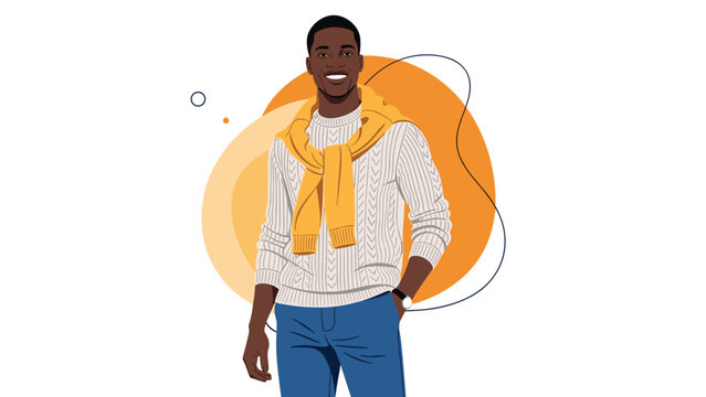 Close-up portrait of a smiling Black man in a stylish white cable-knit sweater and a yellow jumper around his neck against an orange circle.