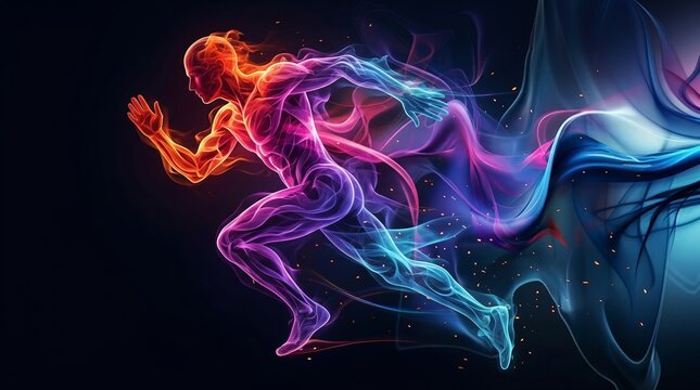 Dynamic runner engulfed in vibrant, swirling energy, representing speed and power.