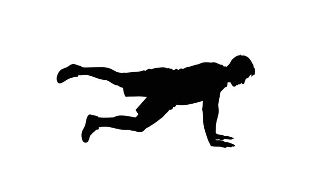 Athlete performs a dynamic single leg plank exercise to demonstrate core stability and functional fitness movements in a clean silhouette style.