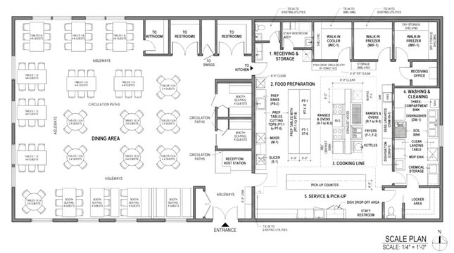 Detailed CAD blueprint illustrating a functional restaurant floor plan complete with a commercial kitchen design and dining area layout for efficient business operations