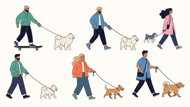Illustration of several different people walking their pet dogs of various breeds on leashes through a public park on a sunny day.
